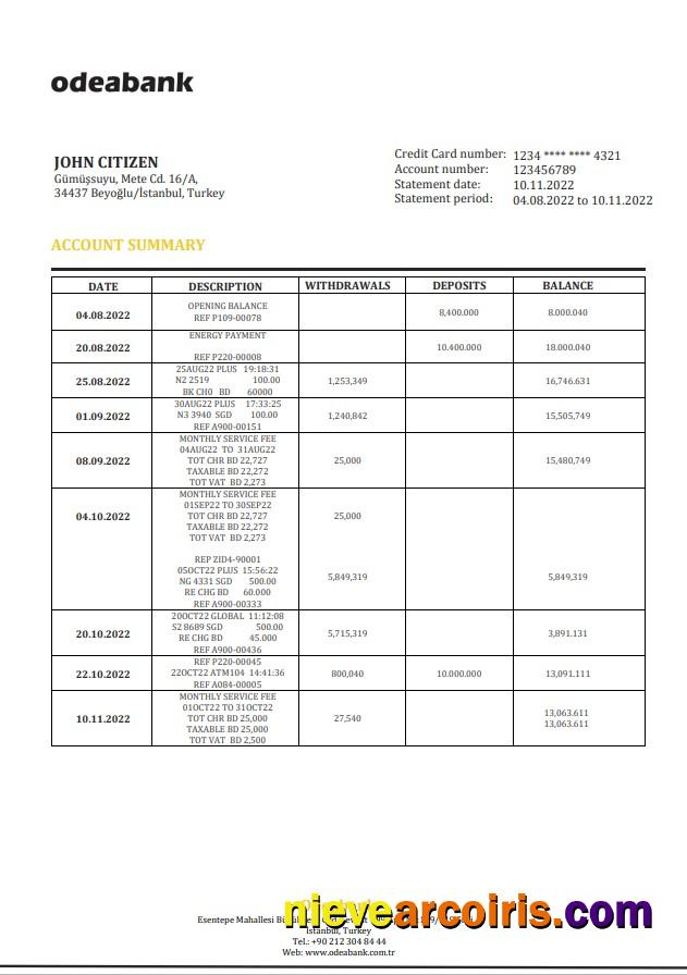 Turkey Odeabank bank statement